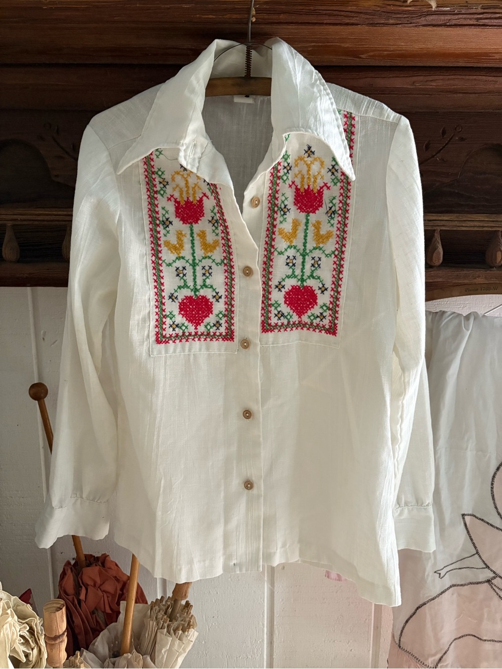 Vintage 70s White Embroidered Red Hear Hearts  Shirt with Folk Floral Panels